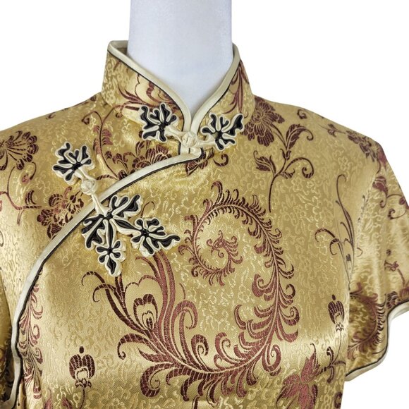 Modern Cheongsam Traditional Gold Brown Embroidery Floral Swirl Dress Korean 38 - Picture 8 of 16